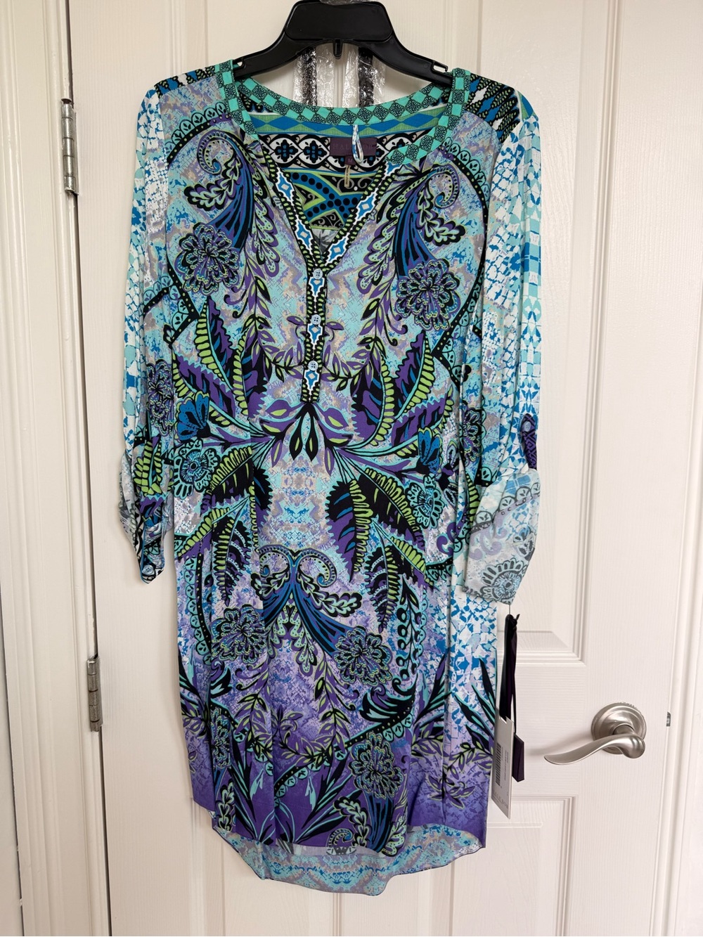 Hale Bob Blue & Purple Paisley-Print Long Sleeve Shift Dress